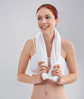 Buy stock photo Cropped shot of a sporty young woman in the studio