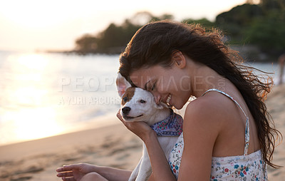 Buy stock photo Woman, pet and beach with friendship, smile and happy for wellness, travel and journey on island. Female person, cheerful and dog for vacation, holiday and outdoor in coastal, tropical and summer

