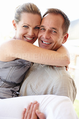 Buy stock photo Happy couple, portrait and carry with love, excited and bonding at home or holiday and vacation for honeymoon. Man and woman hugging together, support and smile with romance, care and happiness