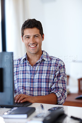 Buy stock photo Man, portrait and computer at office desk with smile as internet software developer for website research, report or small business. Male person, face and app communication, company or entrepreneur