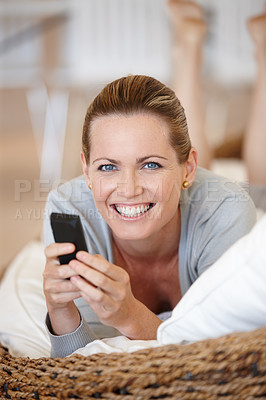 Buy stock photo Relax, phone or portrait of happy woman on sofa streaming movie or film on internet or website. Smile, chat or female person in home texting on online on mobile app to search for social media post