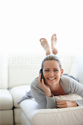 Buy stock photo Portrait, happy woman or phone call on sofa in home talking or speaking in living room for communication. Chat, mobile or person with smile in conversation to relax on couch in a house for a break 