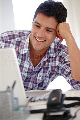 Buy stock photo Man, laptop and smile in office for online communication as financial advisor for consultation review, deal or accounting. Male person, internet an happy for business good news, email or connection