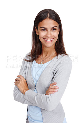 Buy stock photo Happy, woman and good mood portrait in studio young, smile and casual on white background. Face, excited and optimistic girl feeling confident, content and positive attitude while standing isolated