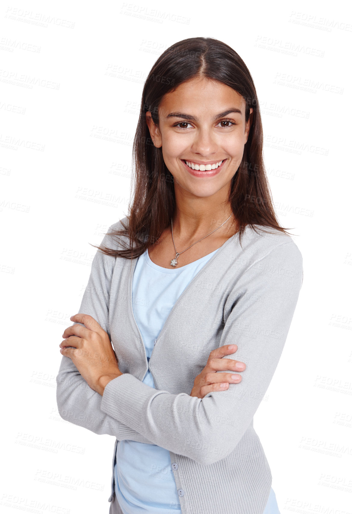 Buy stock photo Happy, woman and good mood portrait in studio young, smile and casual on white background. Face, excited and optimistic girl feeling confident, content and positive attitude while standing isolated