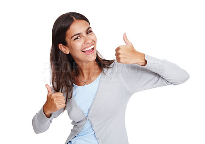 Buy stock photo Happy, thumbs up and portrait of a woman with emoji for winning, success and thank you for support or vote. Excited female with yes or like for deal, sale or discount isolated on a white background
