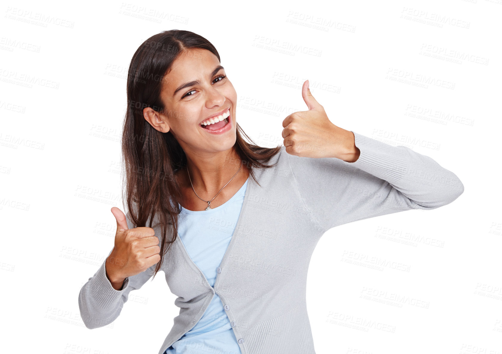 Buy stock photo Happy, thumbs up and portrait of a woman with emoji for winning, success and thank you for support or vote. Excited female with yes or like for deal, sale or discount isolated on a white background