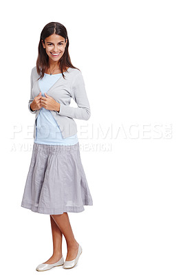 Buy stock photo Happy, woman and portrait of a young person with isolated white background and mockup. Happiness, smile and beautiful female with casual style feeling positive and calm holding a cardigan alone