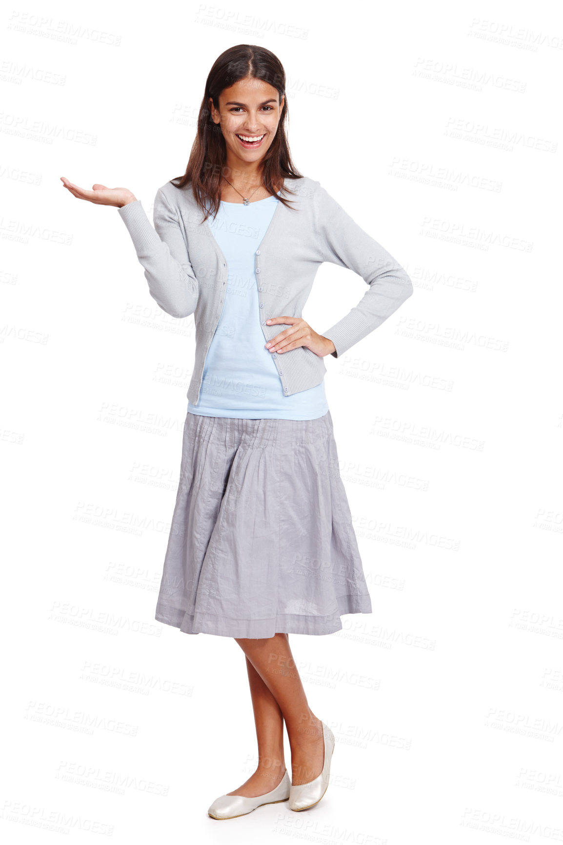 Buy stock photo Fashion, portrait and woman with product mockup in a studio for placement, marketing or advertising. Happy, smile and female model weighing mock up space with her hand isolated by a white background.
