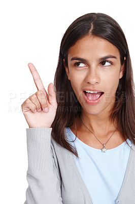 Buy stock photo Young woman, thinking and finger with idea, solution or plan against white studio background. Isolated female pointing hand up to solve problem or in thought for light bulb moment on white background