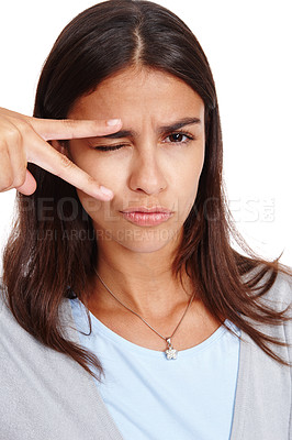 Buy stock photo Peace sign, funny and woman portrait of a model with a pout, comic and duck face, White background, isolated and vertical female pose with comedy and joke hand sign with wink alone in studio