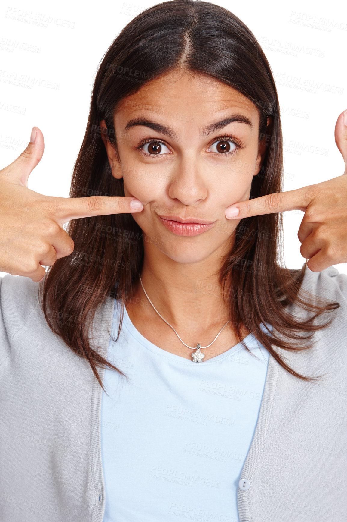 Buy stock photo Portrait, mouth or pointing and a woman in studio isolated on a white background with a smile gesture. Face, happy and point with an attractive young female posing on blank space feeling positive