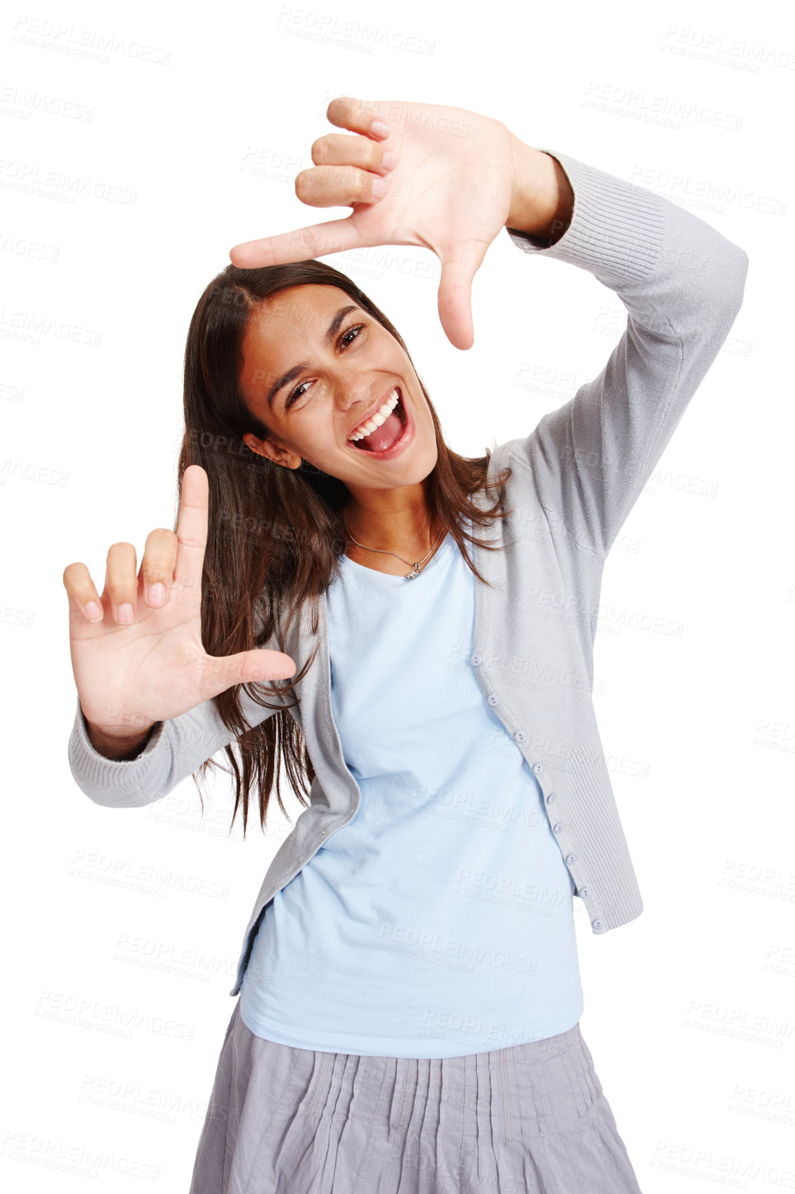 Buy stock photo Hands, frame and studio portrait of businesswoman isolated on white background for profile picture. Face, worker and finger framing for perspective, professional selfie or vision of happy inspiration