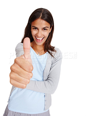 Buy stock photo Thumbs up, hands and portrait of a woman happy about winning, success and thank you for support or vote. Happy female with yes or like emoji for deal, sale or discount isolated on a white background