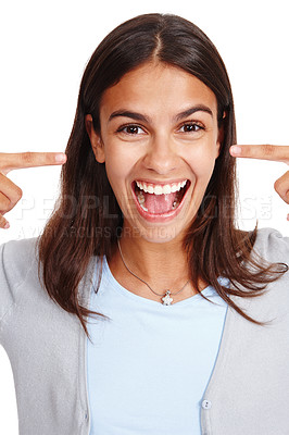 Buy stock photo Portrait, wow and surprise with a woman in studio isolated on a white background pointing to her head. Face, omg and shock with an attractive young female saying wtf closeup on blank space