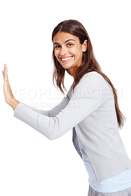 Buy stock photo Happy, beautiful and portrait of a woman pushing the frame isolated on white background in studio. Attractive, smile and young Brazilian girl with hands for stop while smiling on a studio background