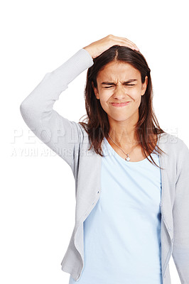 Buy stock photo Confused, doubt and mistake with a woman in studio isolated on a white background standing hand on head. Stress, error and fail with an attractive young female on advertising or marketing space