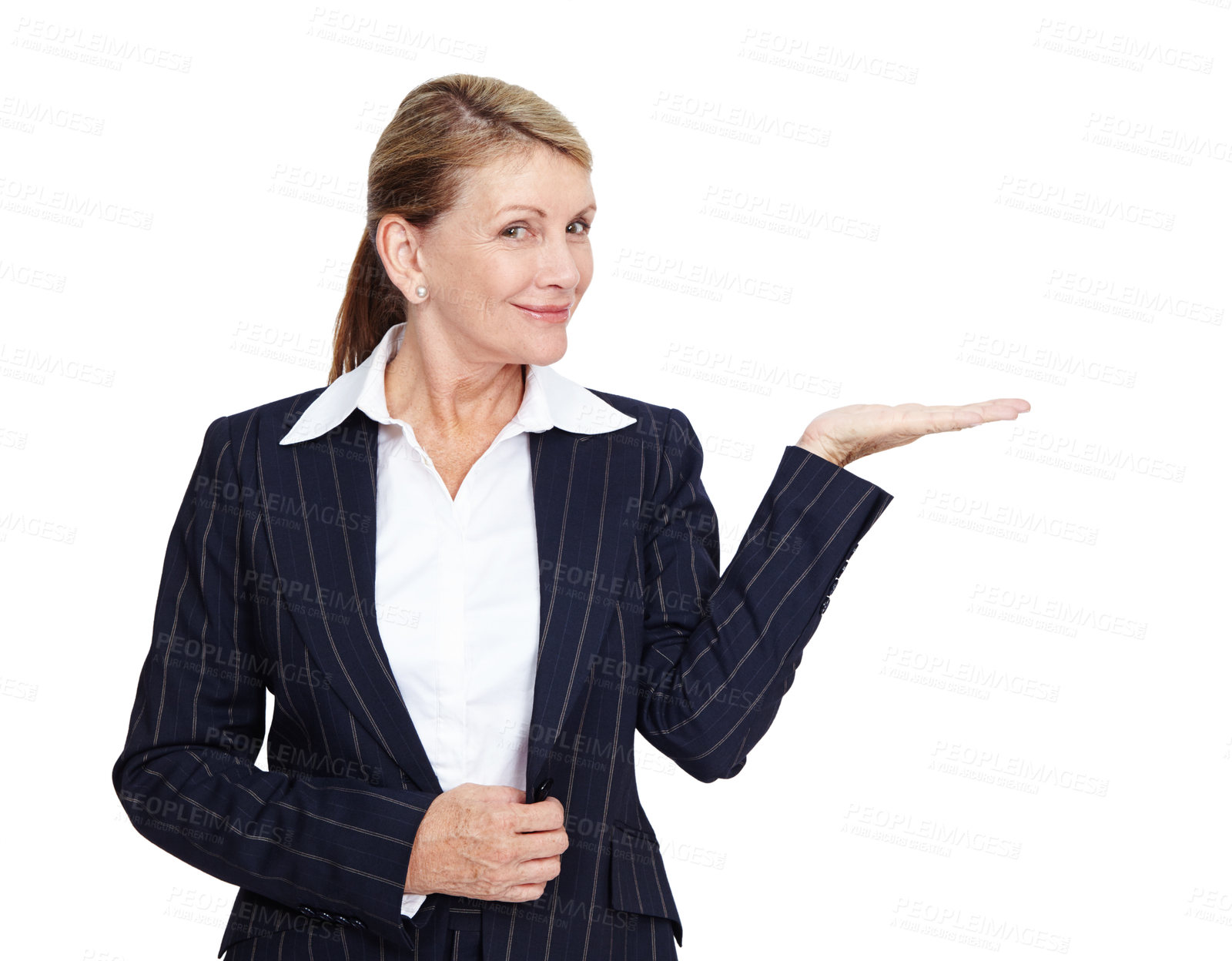 Buy stock photo Business, woman with hand out for product placement and mockup space isolated on white background. Marketing, advertising and corporate product announcement or presentation, happy woman ceo in studio