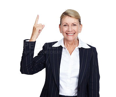 Buy stock photo Senior businesswoman, smile portrait and pointing finger up in white background for suggestions, product placement and mockup. Elderly person, happy face and manager hand gesture isolated in studio