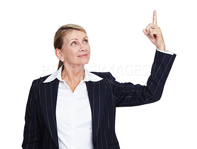Buy stock photo Studio, pointing and senior business woman with gesture for professional mockup space, advertising or marketing. Promotion mock up, corporate branding and elderly model isolated on white background