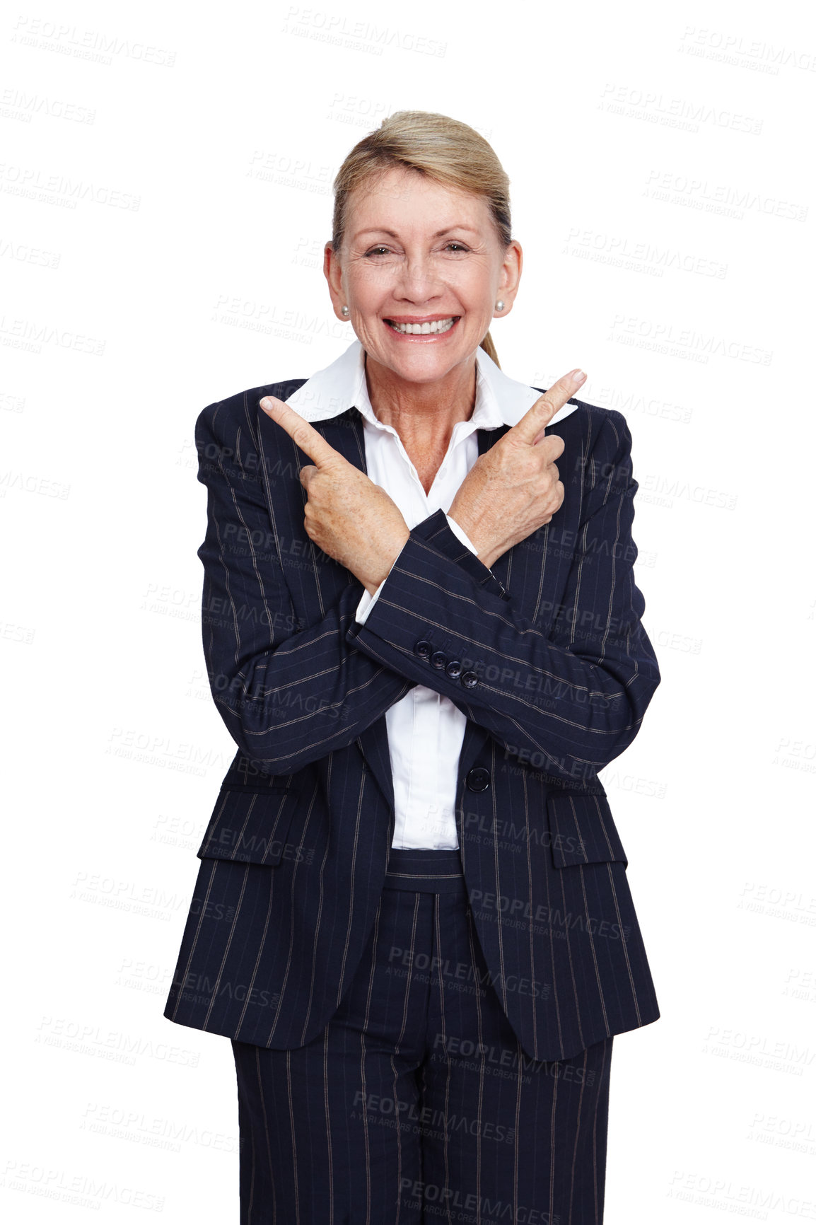 Buy stock photo Happy, elderly and portrait of woman pointing fingers isolated on white background in a studio. Direction, showing and smile of a senior business executive with a confident hand gesture on a backdrop