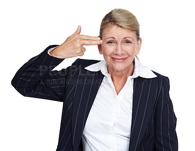 Buy stock photo Suicide, hand gun and portrait of business woman with mental health problem, depression crisis and job mistake stress. Burnout, career fail anxiety and sad worker depressed on white background studio