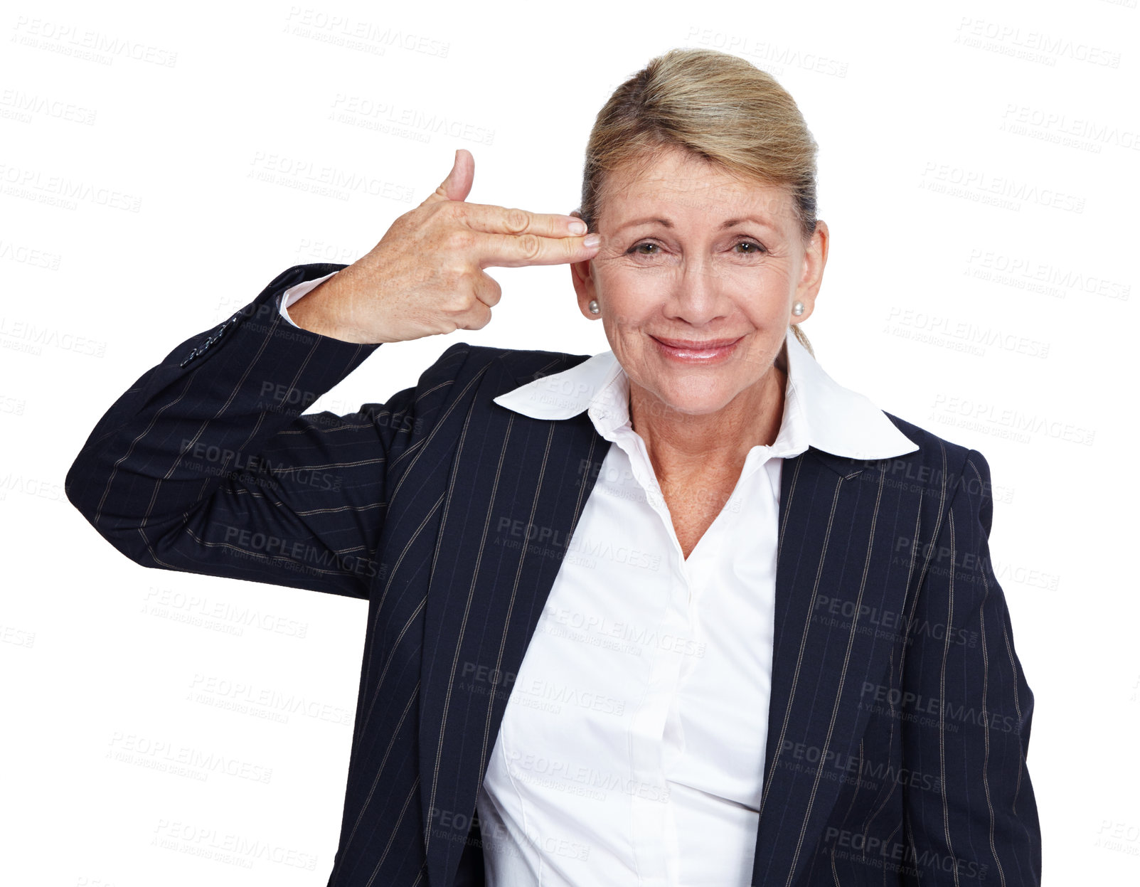 Buy stock photo Suicide, hand gun and portrait of business woman with mental health problem, depression crisis and job mistake stress. Burnout, career fail anxiety and sad worker depressed on white background studio