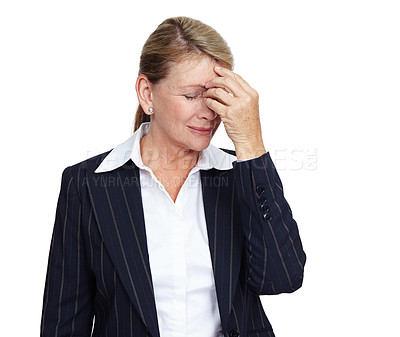 Buy stock photo Mental health, burnout or business woman with headache problem, work stress anxiety and depressed over job mistake. Career fail, studio depression crisis or sad corporate employee on white background