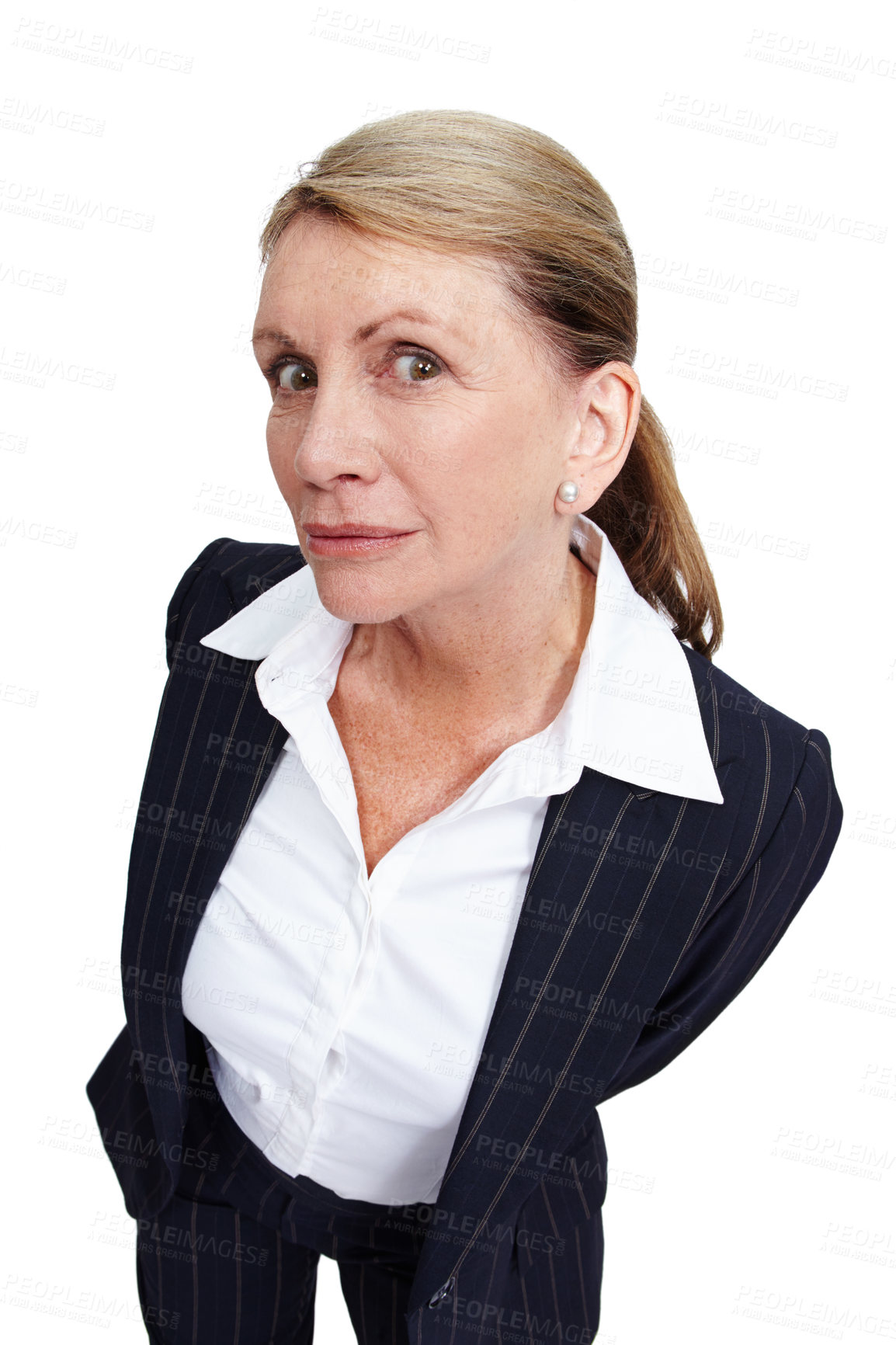 Buy stock photo Nosy, curious and portrait of a business woman isolated on a white background in a studio. Leaning, curiosity and mature employee in a suit with side eye, listening and attentive on a backdrop