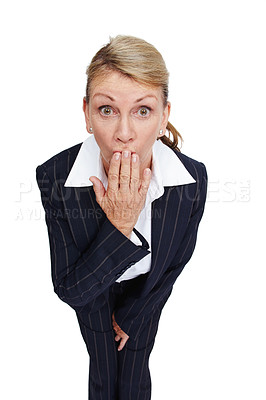 Buy stock photo Wow, surprise and business woman on a white background for office gossip, secrets and information. Corporate fashion, manager and senior worker isolated in studio with shock, omg and amazed face