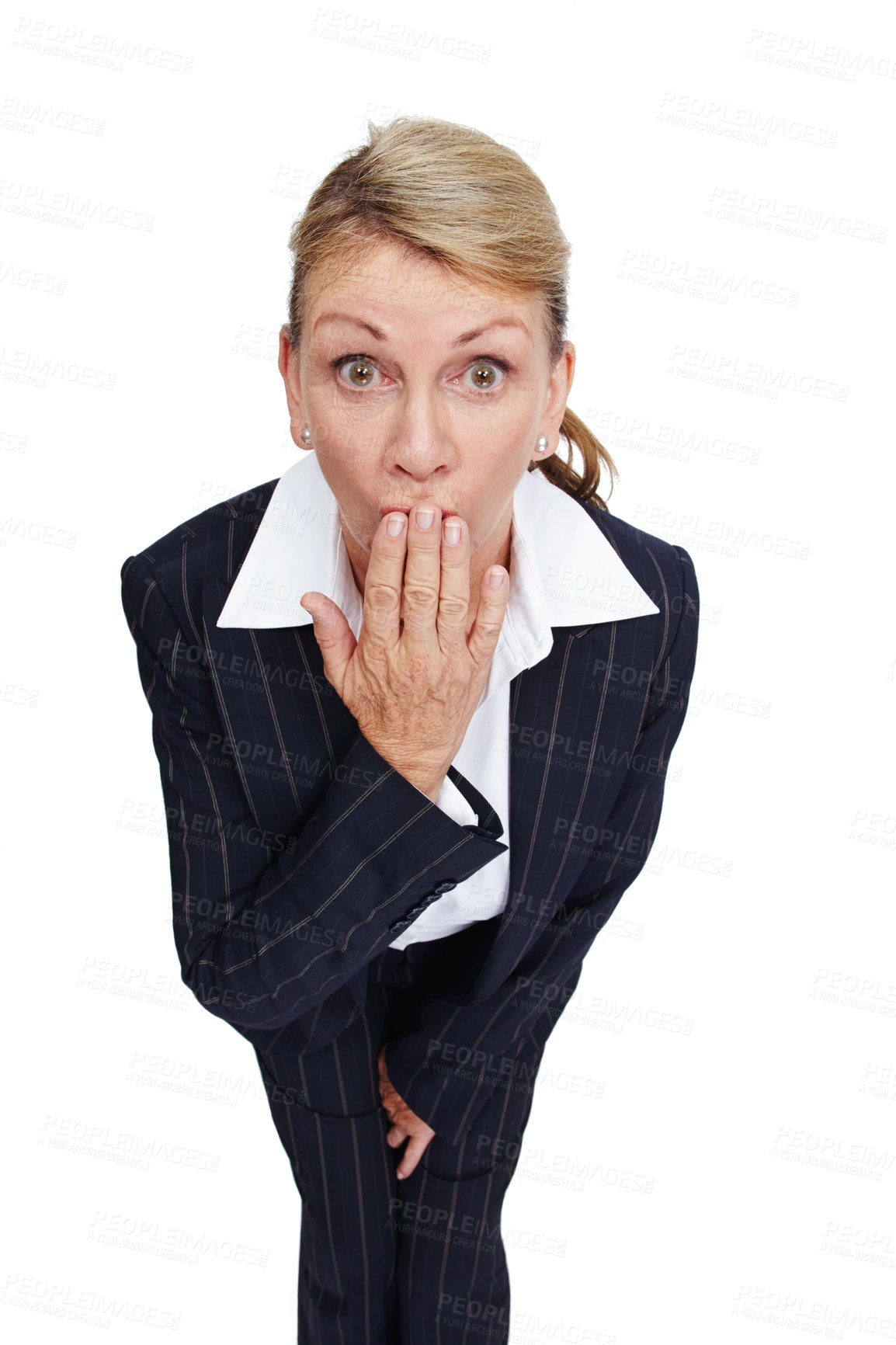 Buy stock photo Wow, surprise and business woman on a white background for office gossip, secrets and information. Corporate fashion, manager and senior worker isolated in studio with shock, omg and amazed face