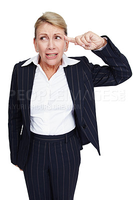 Buy stock photo Thinking, stress and business woman with mental health burnout isolated on a white background in studio. Idea, corporate and frustrated senior worker with professional anxiety on a studio background