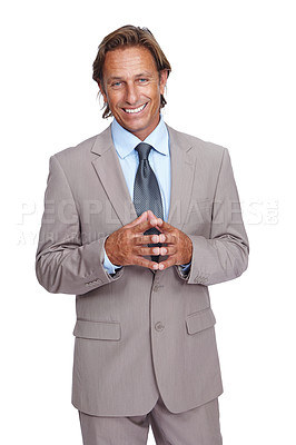 Buy stock photo Business man, portrait and corporate leader with success and ceo, executive isolated against white background. Businessman hands together, manager and motivation with vision, goals and professional