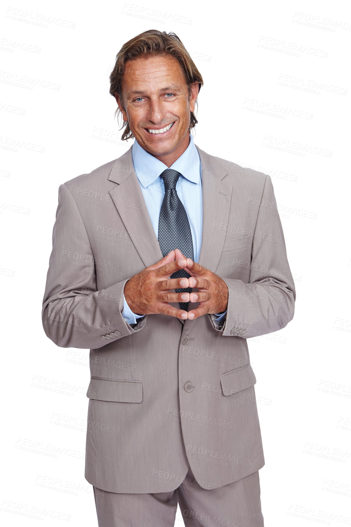 Buy stock photo Business man, portrait and corporate leader with success and ceo, executive isolated against white background. Businessman hands together, manager and motivation with vision, goals and professional