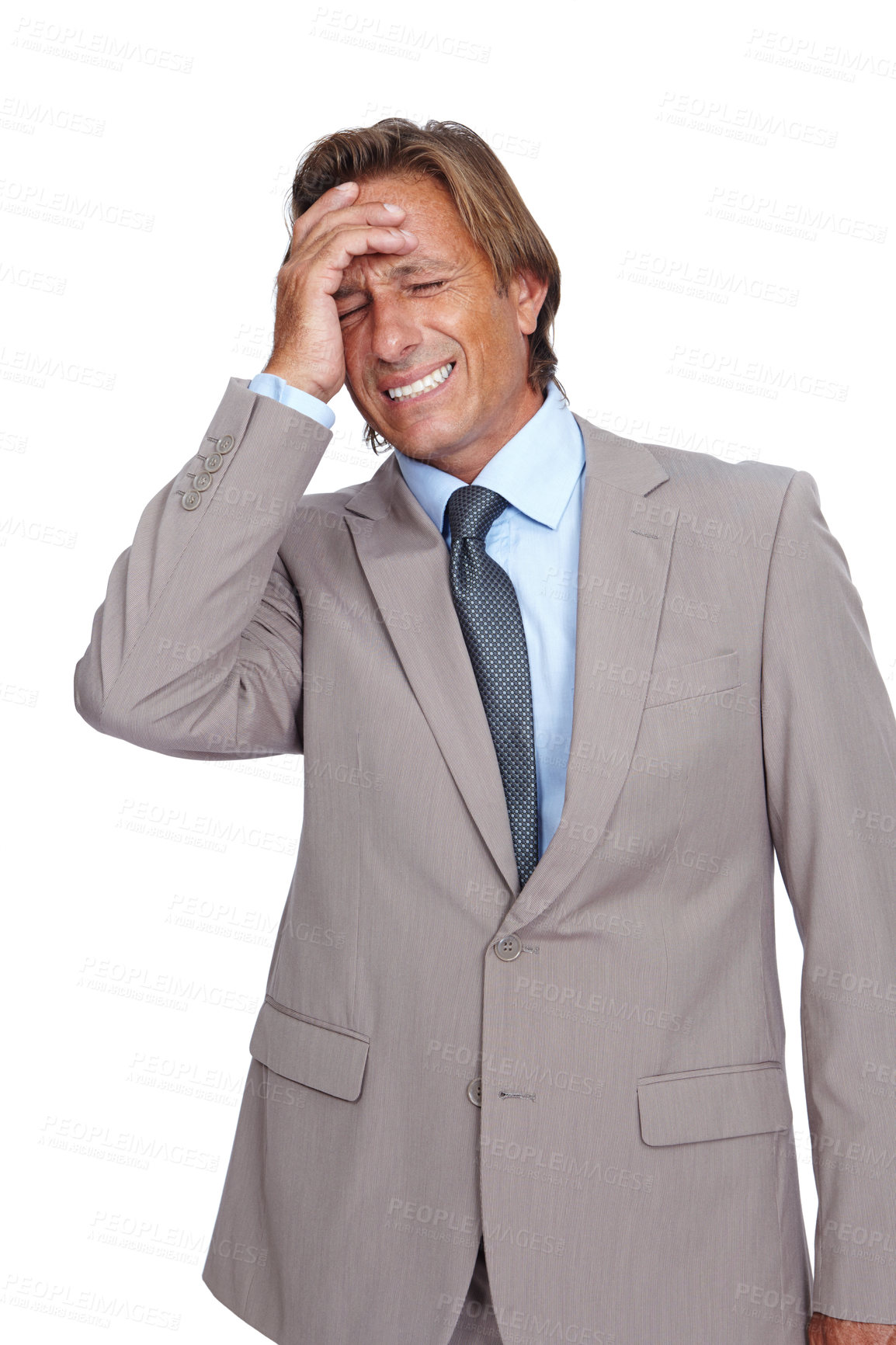 Buy stock photo Business man, headache with pain and corporate burnout, ceo and executive isolated against white background. Professional, mistake or problem with mental health, fatigue with crisis and job stress