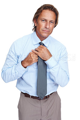 Buy stock photo Businessman, tie dressing and man portrait of a model dress for corporate job with white background. Isolated, finance employee and vertical professional worker person getting ready for working 