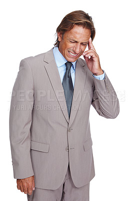 Buy stock photo Stress, anxiety and headache of sad ceo upset thinking of  career problem, mistake or fail. Depressed, frustrated and tired corporate businessman overwhelmed at isolated white background.

