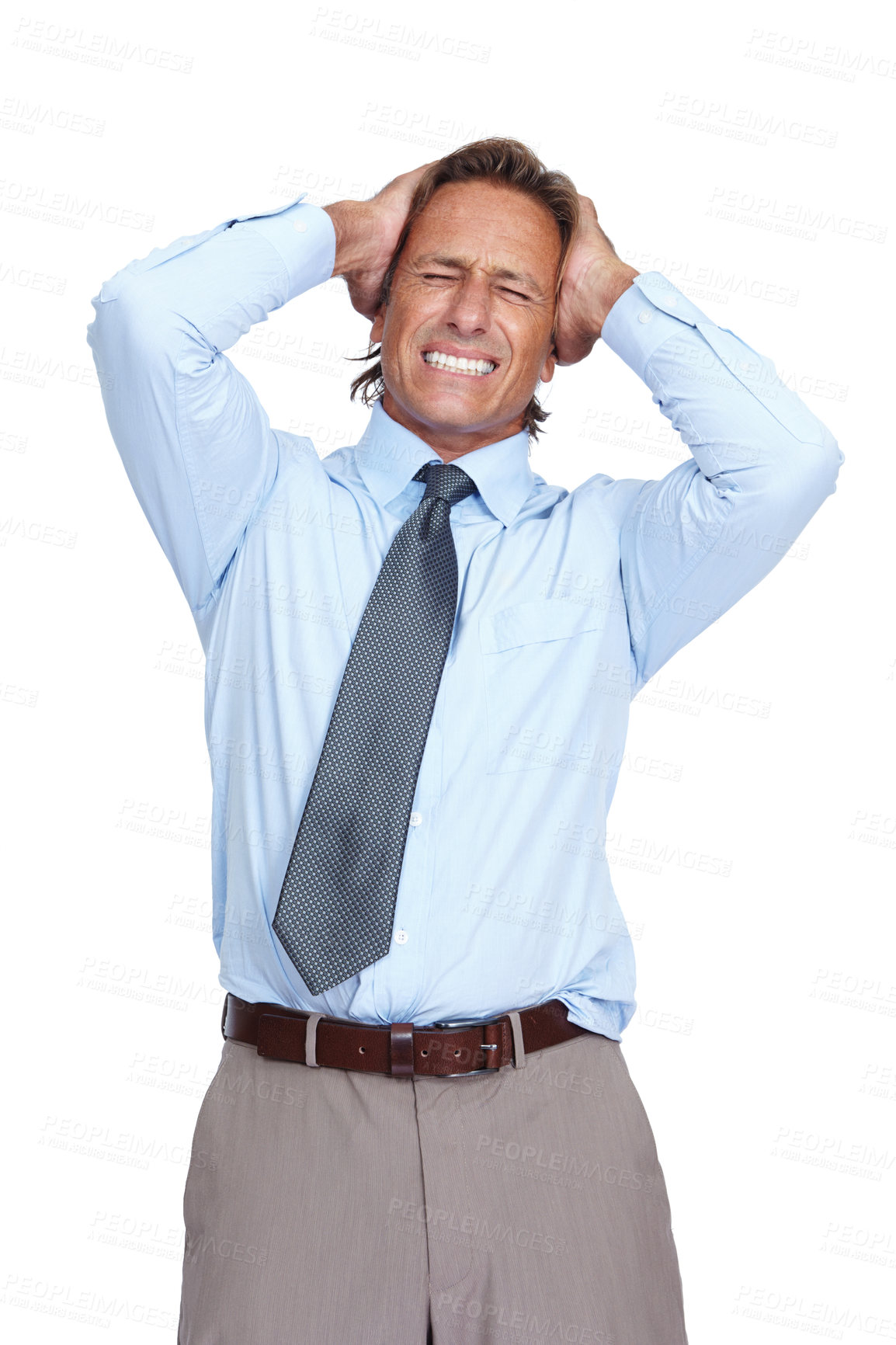 Buy stock photo Stress, burnout and anxiety headache of businessman overwhelmed with career problem or fail. Mental breakdown of depressed, frustrated and tired corporate man at isolated  white background.