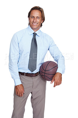 Buy stock photo Sports, management and portrait of businessman with basketball and smile isolated on white background. Leadership, strategy and game plan, happy man or sport manager standing in studio holding ball.
