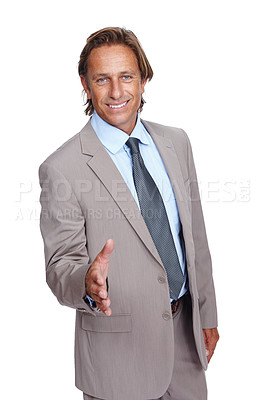 Buy stock photo Businessman, portrait or handshake gesture on isolated white background in welcome, greeting or financial deal. Smile, happy or mature CEO in shaking hands gesture in finance partnership or thank you
