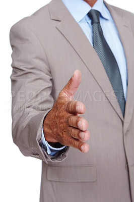 Buy stock photo Handshake, business and man in studio for greeting, welcome or onboarding partnership. Professional, deal and closeup of corporate male model with a shaking hands gesture isolated by white background