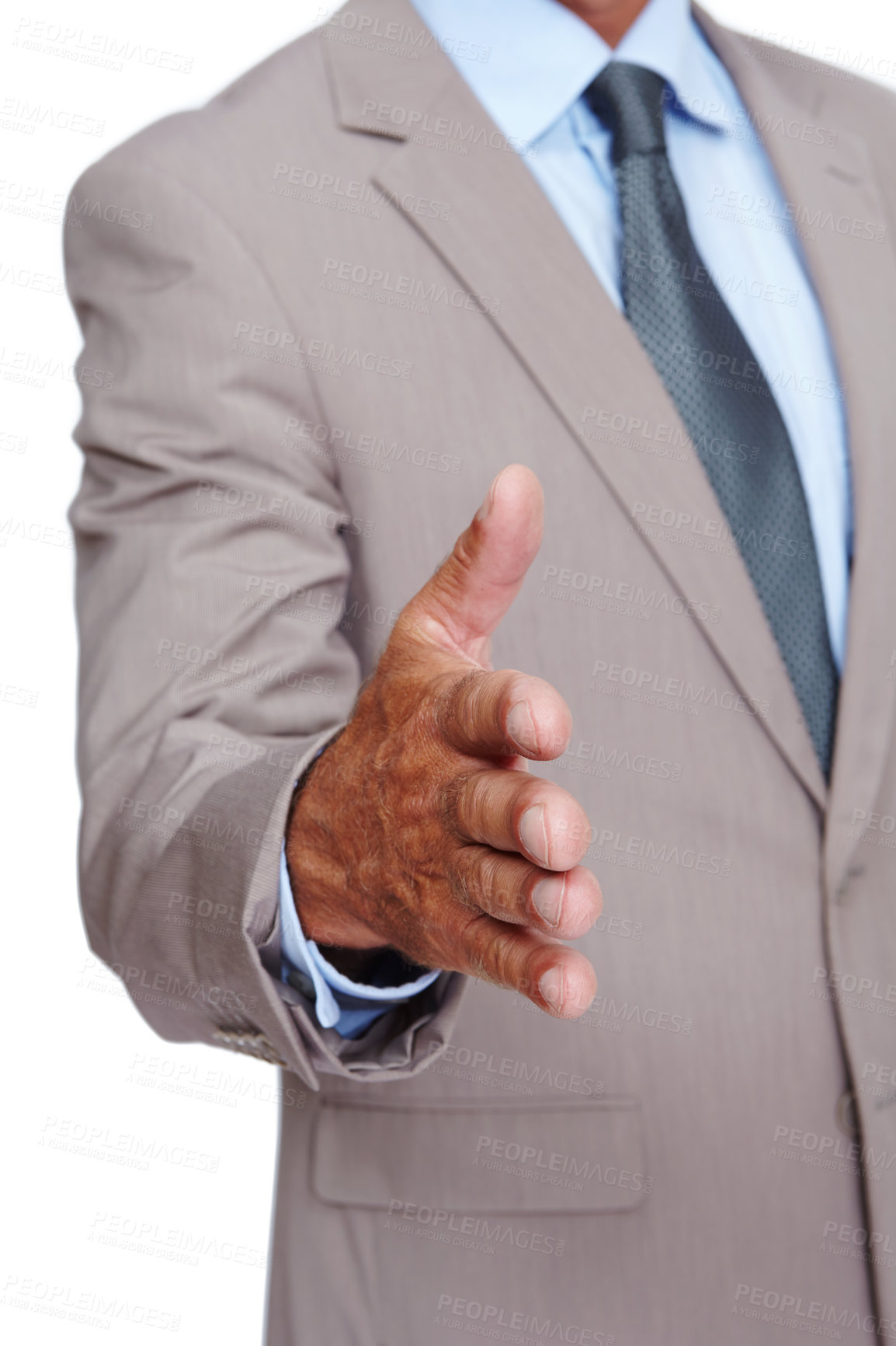 Buy stock photo Handshake, business and man in studio for greeting, welcome or onboarding partnership. Professional, deal and closeup of corporate male model with a shaking hands gesture isolated by white background