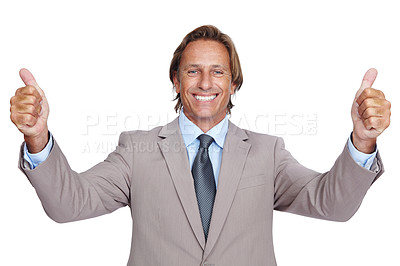 Buy stock photo Happy businessman, portrait and thumbs up hands on isolated white background in success, growth or motivation. Smile, mature and leadership thumb in yes gesture, winner emoji and good luck on mock up