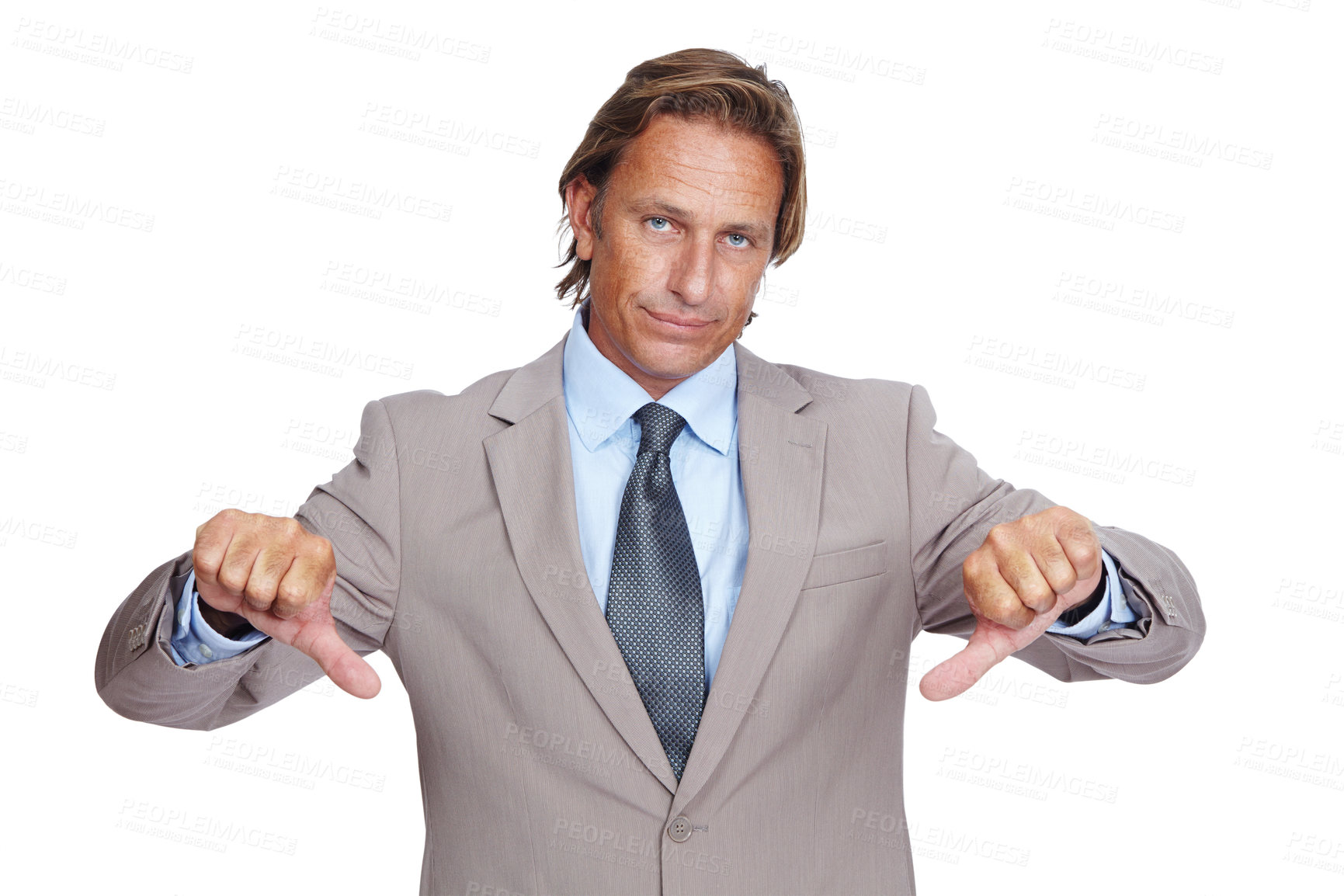 Buy stock photo Businessman, thumbs down and upset in disappointment for failure against a white studio background. Portrait of a isolated business man pointing down thumbs in disapproval, wrong or incorrect gesture