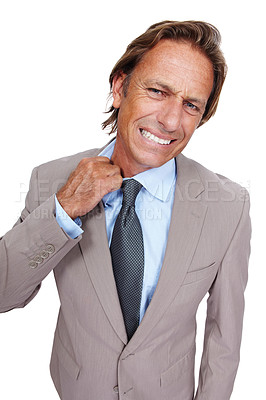 Buy stock photo Portrait, stress and hot with a business man in studio isolated on a white background looking worried or nervous. Anxiety, debt and fail with a male employee feeling bad on blank space for branding