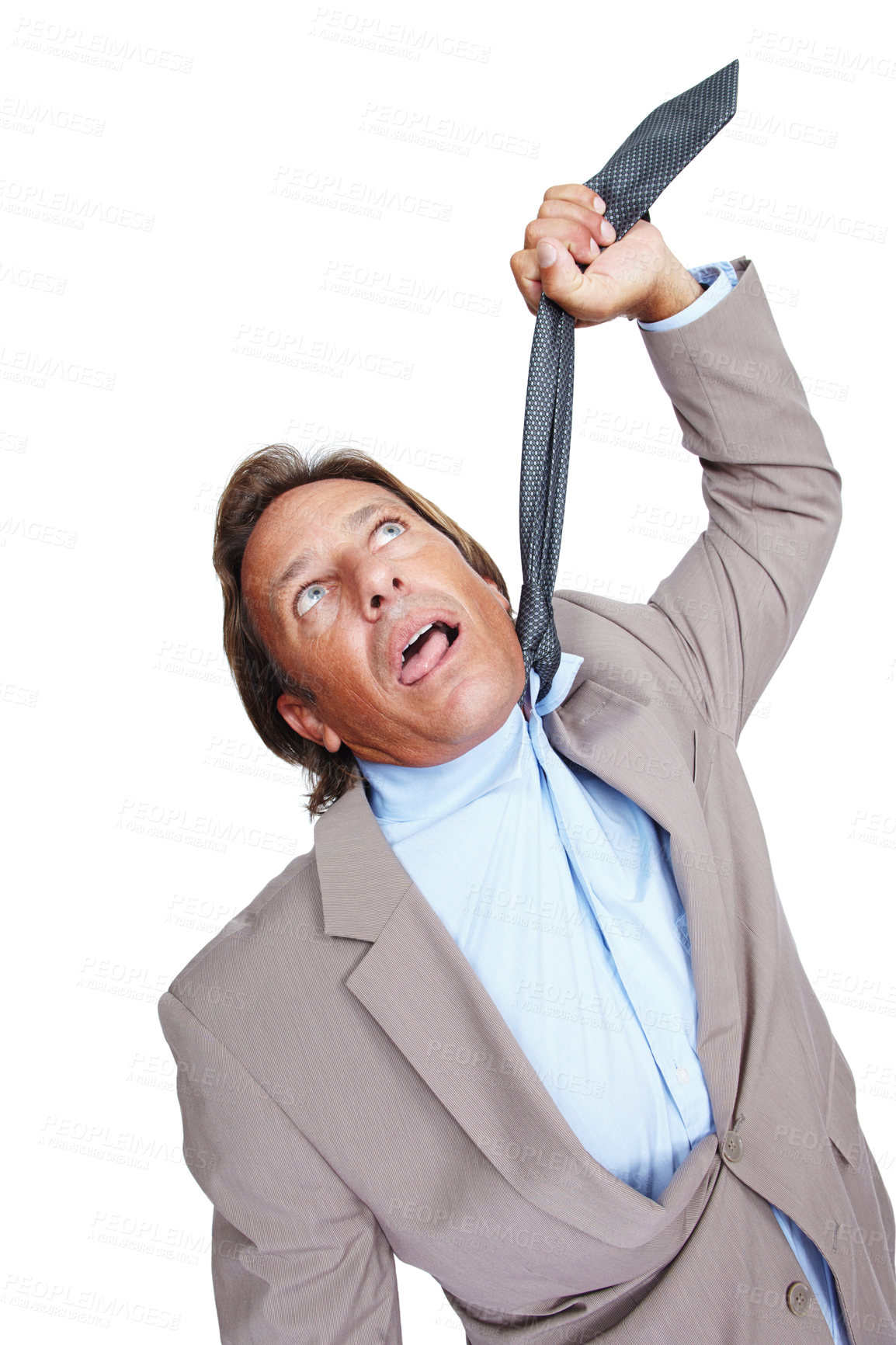 Buy stock photo Depression, stress and businessman hanging from tie, suicide and mens mental health isolated on white background. Anxiety, burnout and man frustrated in necktie with work, debt and crisis in studio.