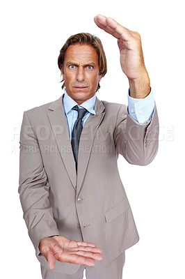 Buy stock photo Portrait, hands and size with a business man in studio isolated on a white background for measuring. Review, scale and measure with a handsome male employee posing on blank space to measure