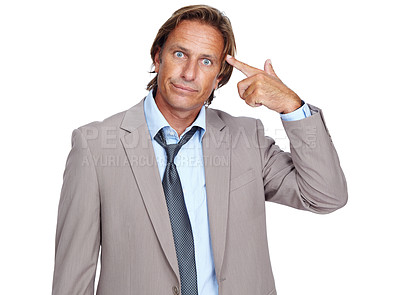 Buy stock photo Portrait, thinking and crazy with a business man in studio isolated on a white background for mental health. Compliance, glitch and idea with a male employee on blank space pointing to his head