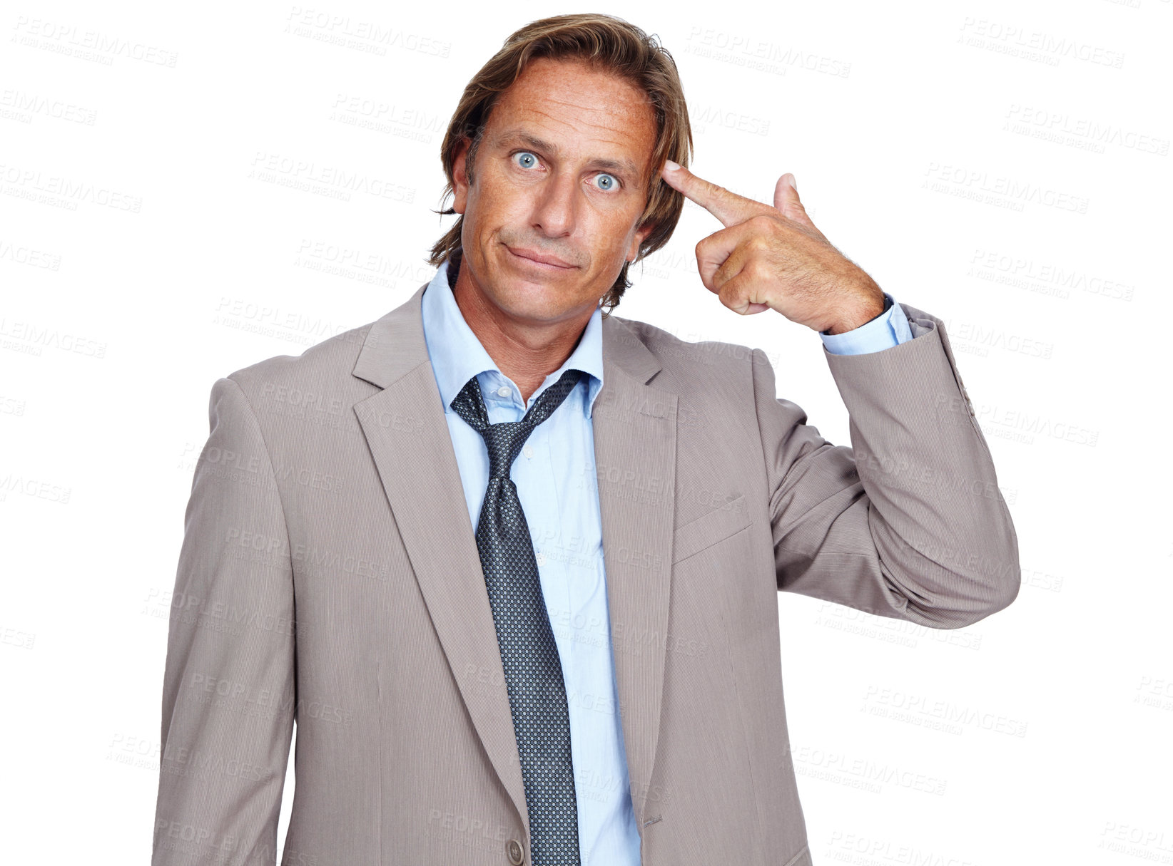 Buy stock photo Portrait, thinking and crazy with a business man in studio isolated on a white background for mental health. Compliance, glitch and idea with a male employee on blank space pointing to his head