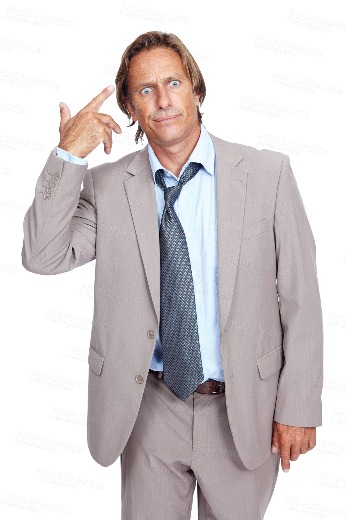 Buy stock photo Businessman, gun hand and head in studio with stress, annoyed and tired by white background. Senior corporate executive, isolated and comic hand sign while frustrated, overworked and anxious from job